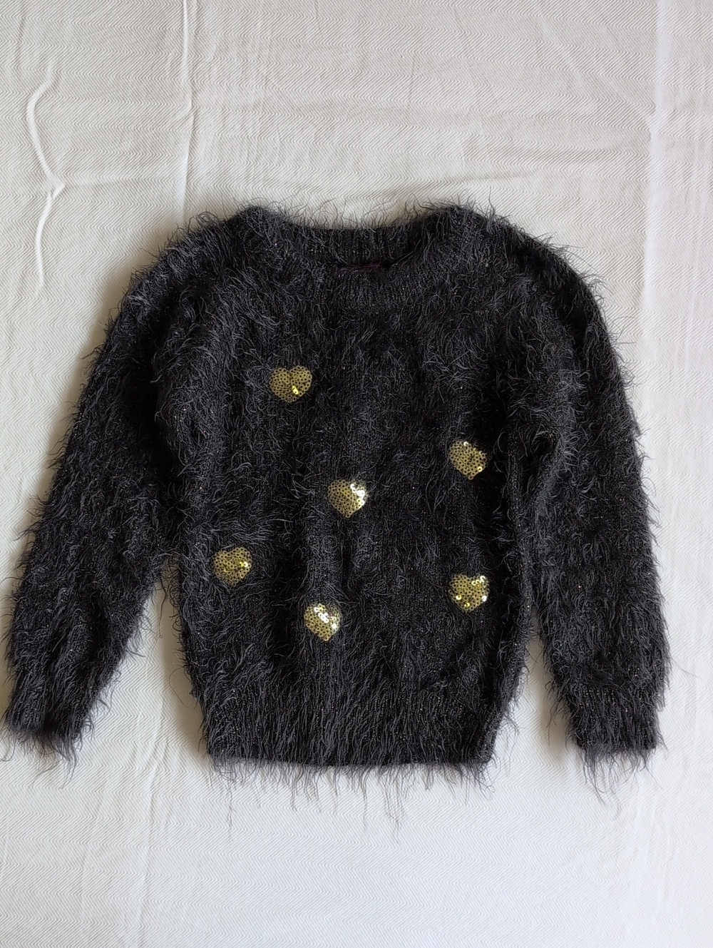 Max Toddler Girl Fluffy Knit Sweater 2T 3T Gray Gold Sequin Heart Metallic Fall